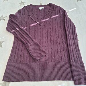 Ann Taylor LOFT‎ Women's Wool Blend Large Purple V Neck Cable Knit Sweater